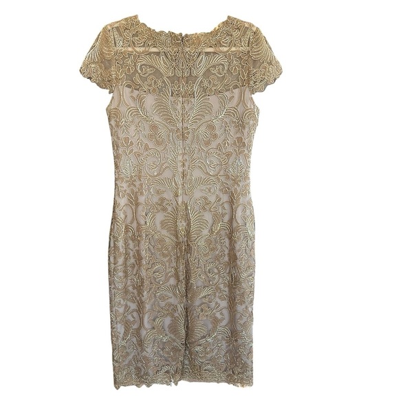 Tadashi Shoji Cap-Sleeve Embroidered Sheath Dress Gold Cream 10 Wedding Guest - Picture 6 of 9